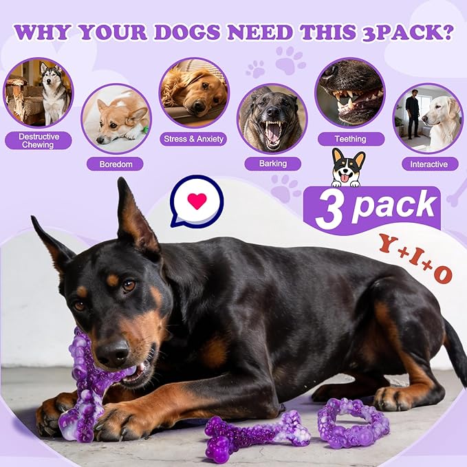 3Pack Dog Chew Toys for Aggressive Chewers, Indestructible Interactive Dog Chew Nylon Bone Toys for for Medium Large Breed 15-60lbs, Teething Toy to Keep Them Busy, Bacon Flavor(Purple)