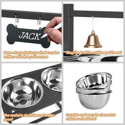 Elevated Dog Bowl Stand with 4 Stainless Steel Bowls (1700ml/58oz) – 9 Height Adjustable Raised Pet Feeder from 4.9" to 14.5" for Large Dogs & Multi-Pet Homes, with Bone Name Tag