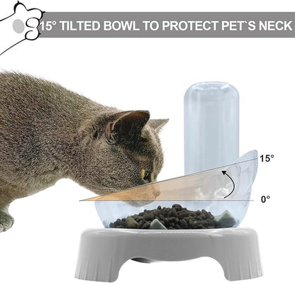 Triple Cat Bowls with Water Dispenser, Pet Whisker Friendly Water and Food Bowl Set with Non-Slip Mat, 15° Tilted Double Feeding Bowls, Elevated Wet and Dry Food Dish for Kitten&Small Dog (Grey)