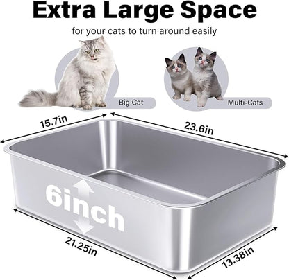 Stainless Steel Litter Box, 23.6“x15.7"x6" Deep Stainless Steel Cat Litter Box Extra Large, XL Metal Litterbox for Big Cats with High Sides, Non Stick Surface, Easy to Clean