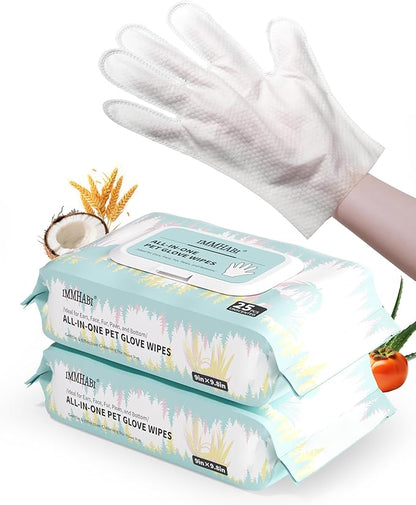 50 Pcs Cleaning Deodorizing Pet Glove Wipes for Dogs & Cats, Hypoallergenic Dog Bath Wipes with Natural Deodorizer Persimmon Tannin, Pet Bathing Wipes for Horse Coat Care Unscented
