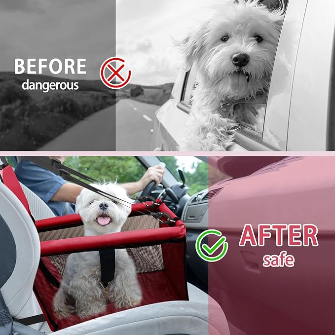 PetsHome Dog Car Seat Foldable Dog Car Booster Seat Waterproof Breathable Oxford Travel Bag for Small to Medium Dogs, Puppies, and Pets-Pure Red