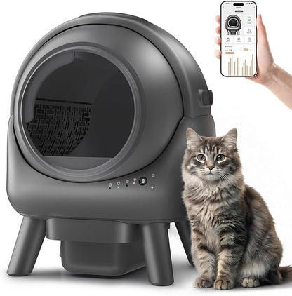 Automatic Litter Box, Self Cleaning Litter Box for Multiple Cats, Smart APP Control & Dual Safety Sensors, 15-Day Large Capacity Waste Bin, Odor Control, Includes Trash Bags,Gray