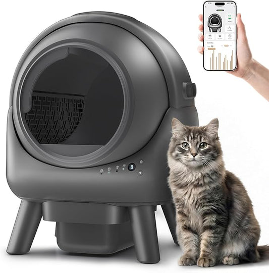 Automatic Litter Box, Self Cleaning Litter Box for Multiple Cats, Smart APP Control & Dual Safety Sensors, 15-Day Large Capacity Waste Bin, Odor Control, Includes Trash Bags,Gray