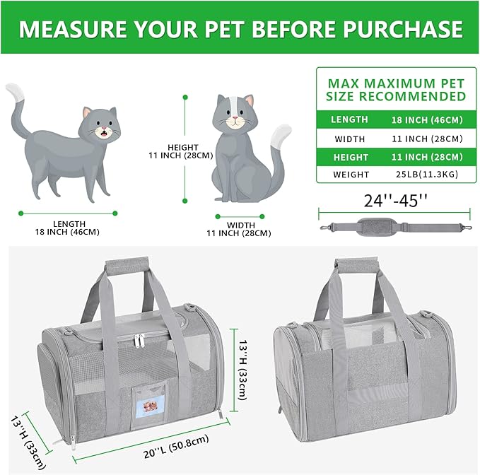 20 Inch Large Cat Carrier, Soft Sided Pet Carrier for Big Cats up to 25 lbs, Airline Approved Expandable Travel Carrier for 2 Cats, Puppy Carrier with Collapsible Food Bowl, Grey