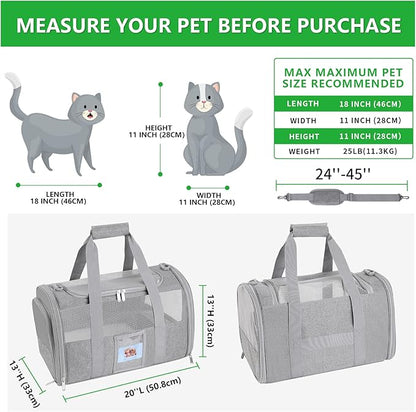 20 Inch Large Cat Carrier, Soft Sided Pet Carrier for Big Cats up to 25 lbs, Airline Approved Expandable Travel Carrier for 2 Cats, Puppy Carrier with Collapsible Food Bowl, Grey