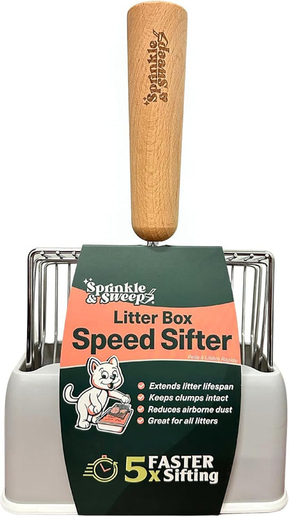 Sprinkle & Sweep: Litter Box Speed Shifter - Metal Scoop, Comfortable Wood Grip, Washable Stand, Easy & Efficient Cleaning, Cat & Pet Maintenance