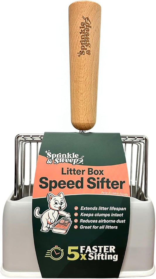 Sprinkle & Sweep: Litter Box Speed Shifter - Metal Scoop, Comfortable Wood Grip, Washable Stand, Easy & Efficient Cleaning, Cat & Pet Maintenance