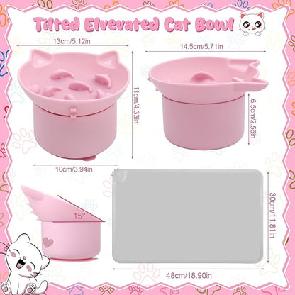 2 Pack Pink, Blue Slow Feeder for Cat Bowls, Silicone Tilted Raised Pet Bowl with Non Slip Base for Digestion Anti Vomit