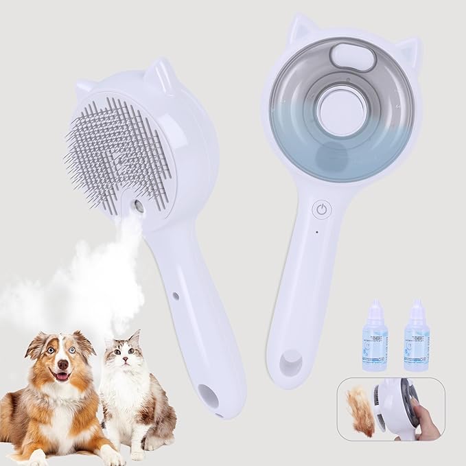 Pet Steam Brush for Cats & Dogs ，3-in-1 Pet Grooming Comb，Reduces Shedding, Soft Bristles, Promotes Healthy Coat-Comes - Includes Waterless Shampoo，White