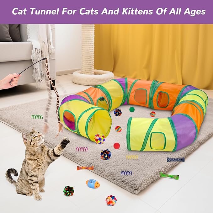 Retro Shaw 25Pcs Cat Toys, Extra Large Tunnels with Cats Toys, Ideal Indoor Interactive Kitten Toys, Kitty Tube Tent Feather Wand Teaser Balls Bell Crinkle Fuzzy Springs Mouse