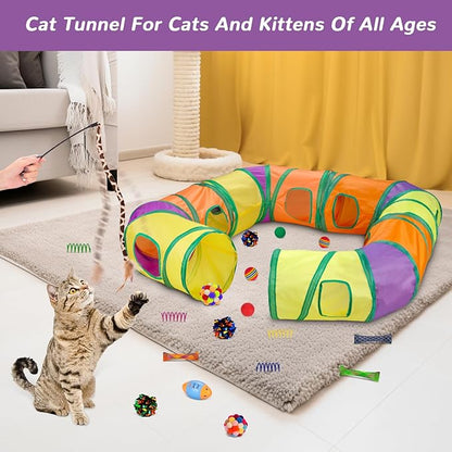 Retro Shaw 25Pcs Cat Toys, Extra Large Tunnels with Cats Toys, Ideal Indoor Interactive Kitten Toys, Kitty Tube Tent Feather Wand Teaser Balls Bell Crinkle Fuzzy Springs Mouse