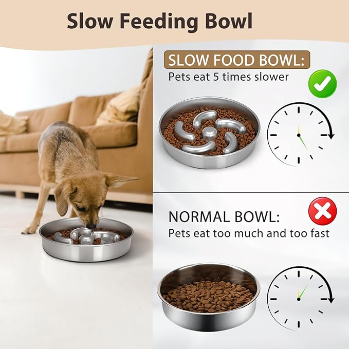 Slow Feeder Dog Bowl, 8.7 inch Stainless Steel Heavy Duty with Non-Slip Base Puzzle Maze Dog Food Bowls for Medium, Large Breed Size Dogs to Slow Down Eating