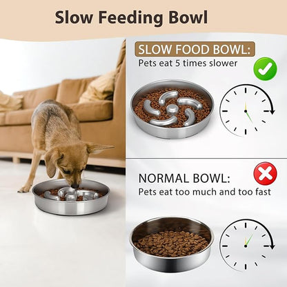 Slow Feeder Dog Bowl, 8.7 inch Stainless Steel Heavy Duty with Non-Slip Base Puzzle Maze Dog Food Bowls for Medium, Large Breed Size Dogs to Slow Down Eating