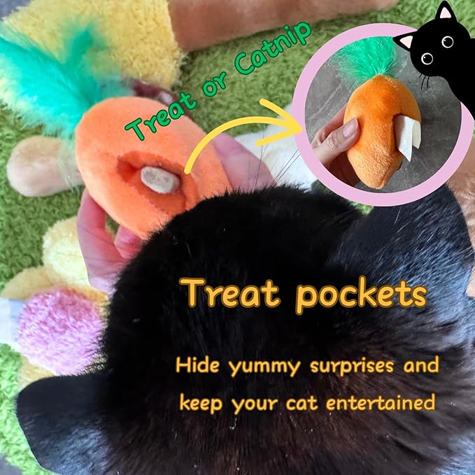4 Pack Cat Carrot Feather Toy, Catnip Refillable Toys, Cat Kicker Toy with Treat Pockets and 6 Catnip Pouches