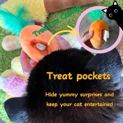 4 Pack Cat Carrot Feather Toy, Catnip Refillable Toys, Cat Kicker Toy with Treat Pockets and 6 Catnip Pouches
