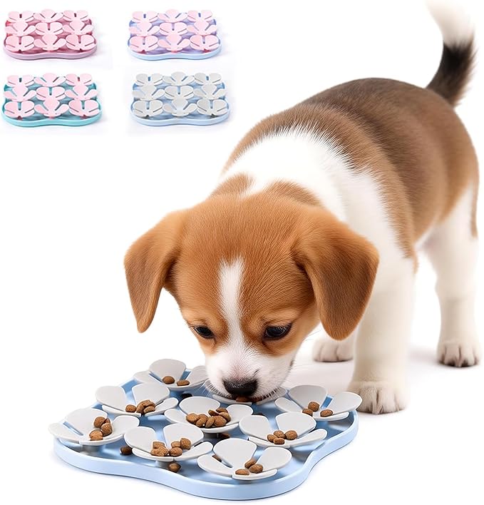 Slow Feeder Bowl for Dogs and Cats - Non-Slip Licking Mat with Suction Cups, Treat Puzzle & Anti-Choke Feeding Pad, Flower Petal Silicone (Blue and Grey)