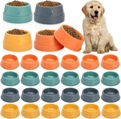 24 Pack Plastic Dog Bowl, 10 Oz Reusable Pet Food and Water Bowl with Cute Dog Paw Print, Stackable Puppy Cat Feeding Bowls Food Dishes for Dog Cat Party Supplies, 4 Color