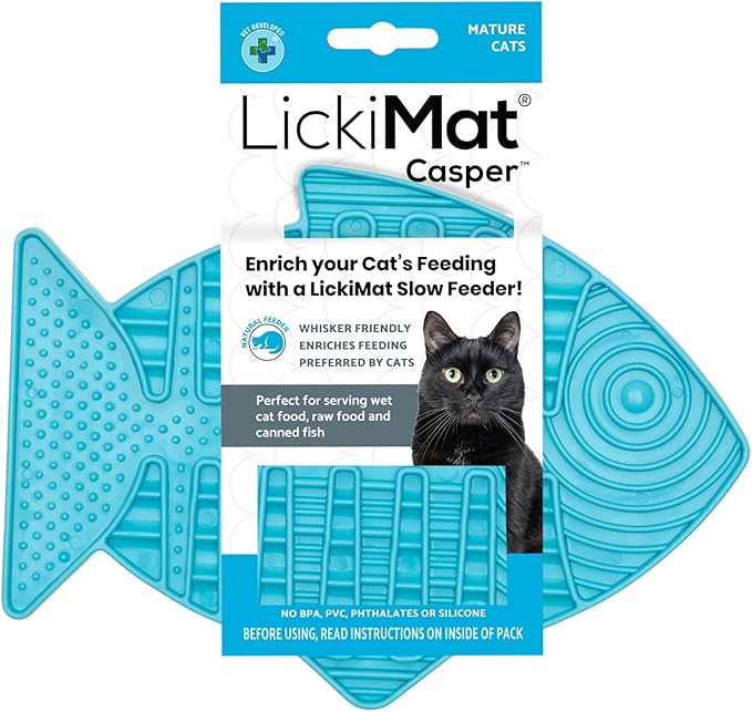 LickiMat Casper, Fish-Shaped Cat Slow Feeders Lick Mat, Boredom Anxiety Reducer; Perfect for Food, Treats, Yogurt, or Peanut Butter. Fun Alternative to a Slow Feed Cat Bowl or Dish, Turquoise