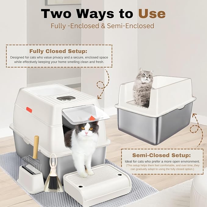 XL Stainless Steel Litter Box with Lid, Fully Enclosed 6" Deep Metal Cat Litter Box, Leak-Proof, Clumping Litter for Large, Multi-Cats, with Litter Mat, Scooper & Brush (6'' White XL)