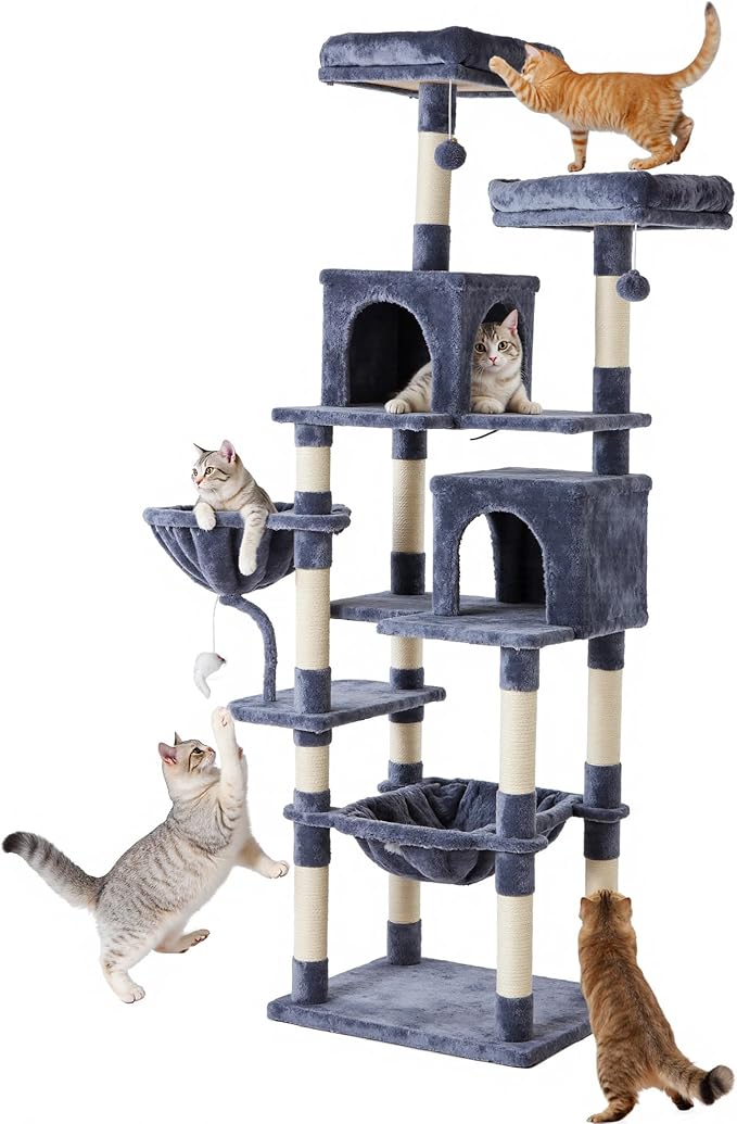 DUMOS Tall 71 inch Cat Tree Tower, Large Multi Level Cat Climbing Tower with Condo, Natural Sisal Scratching Posts, Platform, Hammock, Basket, Pet Tree House for Indoor Cats Play, Dark Grey