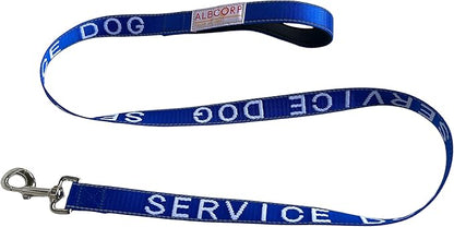 Albcorp Service Dog Leash - Embroidered- with Padded Neoprene Handle and Reflective Threads, 4 Feet, for Harnesses, Vests or Collars. Blue