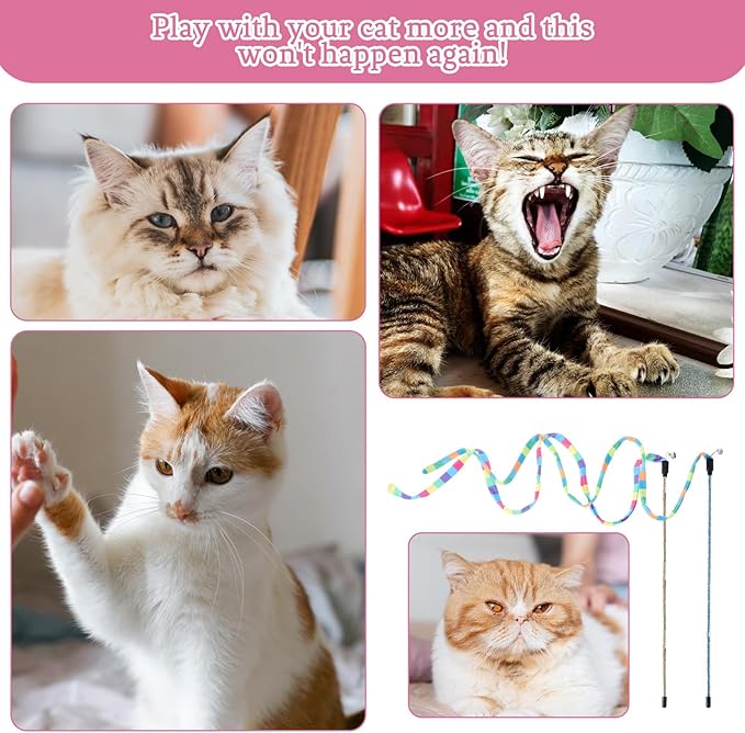 2 Pcs Interactive Cat Rainbow Wand Toys, Cat Teaser Wand and String Toy Colorful Ribbon Strong and Sturdy Pole with Small Bells for Indoor Cats and Kittens to Play Chase Exercise for Fun