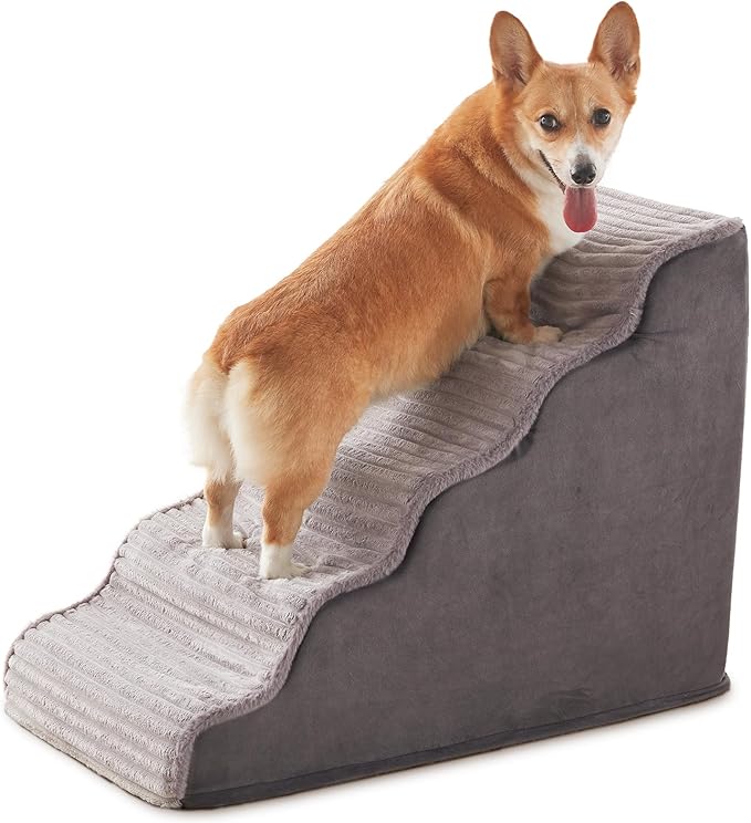 Dog Stairs for Small Dogs & Cats 22.5" H, High Density Foam Dog Steps Ramp for High Bed and Couch, Pet Stairs with Non-Slip Bottom and Remove Washable Cover, 5-Step Pet Steps, Grey