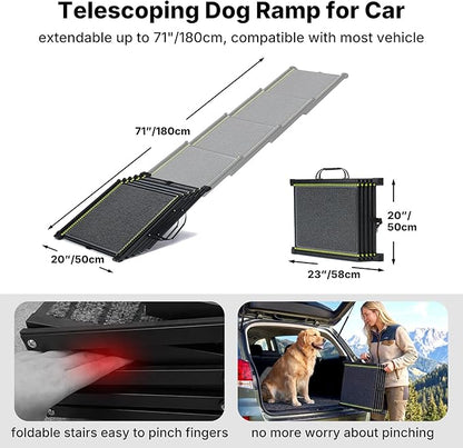 Veehoo Telescoping Dog Ramp for Car Truck SUV, 71" Long 20" Wide Lightweight Aluminium Pet Ramps with Non Slip Surface for Large Dogs, Portable Compact Outdoor Ramp for Dog to Get in Car, Up to 110lbs