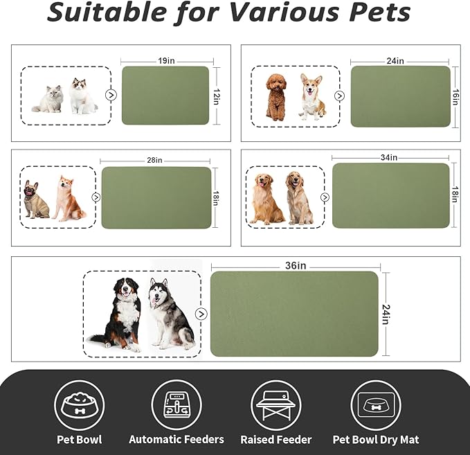 Dog Food Mat - Absorbent Cat Mat for Food and Water, No Stains Pet Feeding Bowl Mat, Easy to Clean Pet Placemats, Quick Dry Dog Water Dispenser Mat for Messy Drinkers | Green 18"x 28"