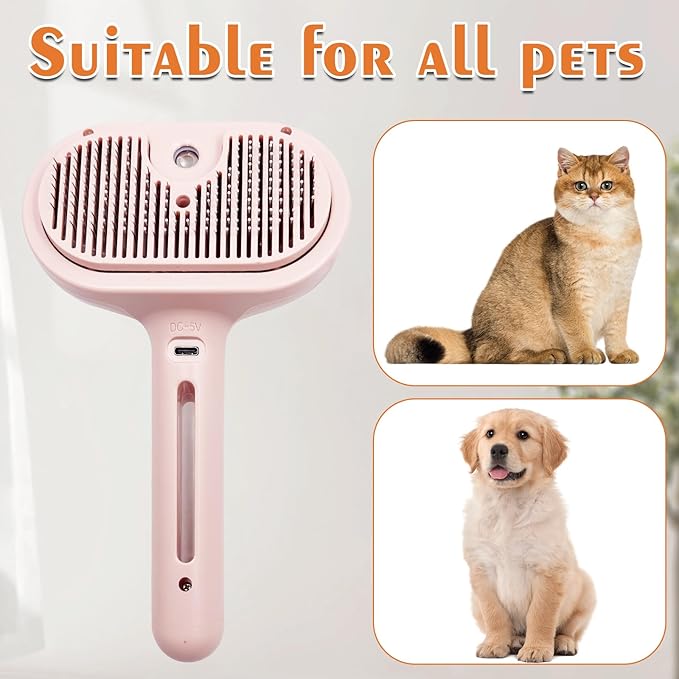 NATUYA Cat Steam Brush, Self-Cleaning Pet Brush for Dog and Cats Shedding Massaging Grooming, Cool Mist Only, Come With Cat Nail Clipper (Pink)