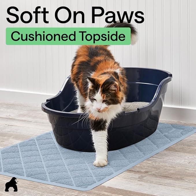 GORILLA GRIP Cat Litter Box Mat, 47x35, Cushioned Coil Mesh Litter Trapping Mats, Scatter Control Supplies for Less Mess, Phthalate Free, Ultra Deep Catch Grooves, Rinse or Vacuum to Clean, Light Blue