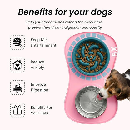 Slow Feeder Dog Bowls Stainless Steel Food and Water Bowl Set 3 in 1 No Spill Waterproof Silicone Pet Food Mat Puppy Feeding Station for Large Medium Small Breed Non Slip Metal Dish Tray by YINEYA