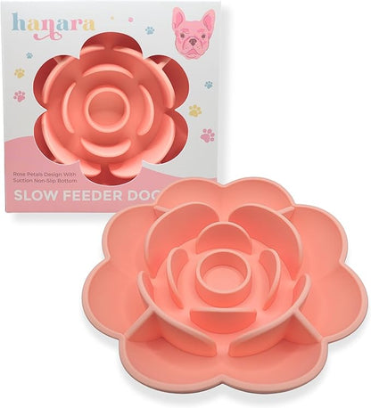 Hanara Sillicone Slow Feeder Dog Bowls & Lick Mat with Suction Bottom | Rose Petals Design | Promotes Better Digestion, Prevent Choking | Dish Washer Safe | Great Size for All Breed (Peach Beige)