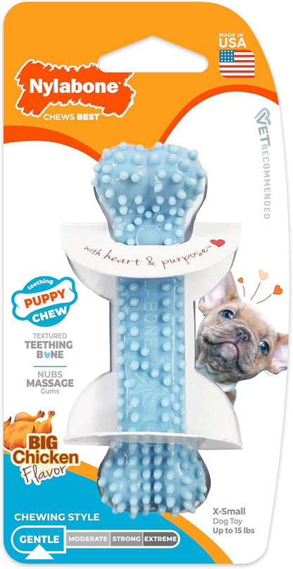 Nylabone Puppy Chew Blue Textured Teething Bone - Chewing Toys for Puppies - Puppy Supplies - Chicken Flavor, X-Small Dogs - Up to 15 Ibs, 1 Count