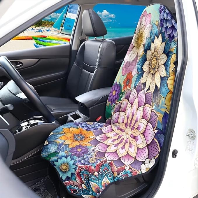 Coldinair Boho Flower Towel Seat Covers for Cars,SUVs,Trucks,Waterproof Sweat Car Front Seat Protector Cover Universal Fit,Non-Slip and Durable