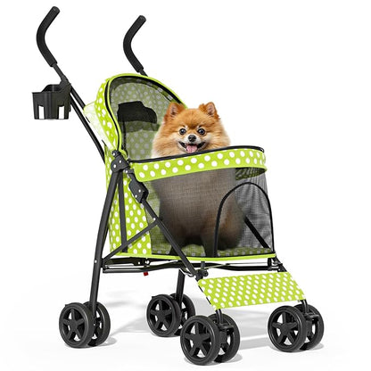 MoNiBloom 4 Wheels Pet Stroller, Easy-Fold Umbrella Shaped Dog Cat Jogger Stroller w/Storage Bag & Visible Mesh for Small/Medium Dogs Cats Lawn Green Polka Dots