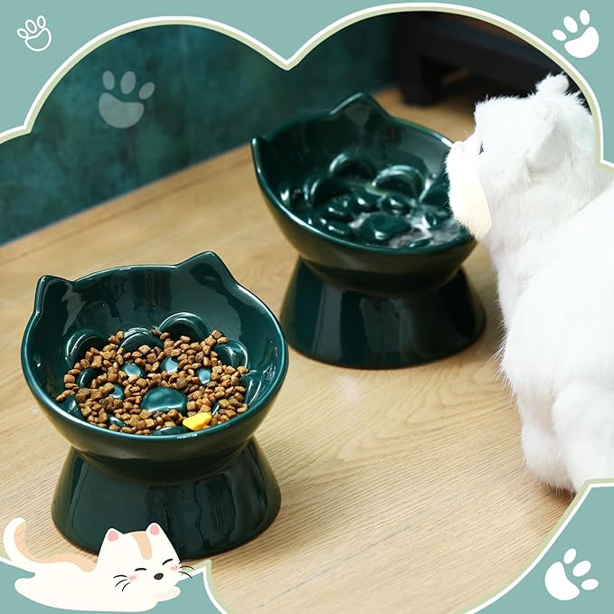2 Pcs Ceramic Raised Slow Feeder Cat Bowl, 5.91inch Elevated Cat Slow Feeder Bowl Tilted Anti Vomiting for Dry Wet Food and Water Easy to Clean High Edge(Dark Green)
