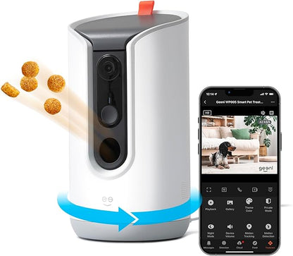 Geeni Pet Treat Dispenser with Camera - 2K HD WiFi Enabled, Dog and Cat Automatic Smart Feeder, Two-Way Audio, Night Vision, Auto-Follow, Remote Access with App, Alexa and Google Compatible, White