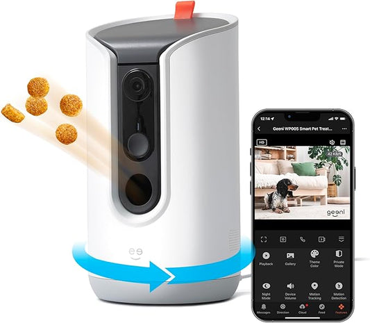 Geeni Pet Treat Dispenser with Camera - 2K HD WiFi Enabled, Dog and Cat Automatic Smart Feeder, Two-Way Audio, Night Vision, Auto-Follow, Remote Access with App, Alexa and Google Compatible, White