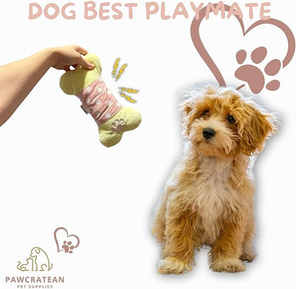 7" Squeaky Plush Toy for Puppies Small Dogs Self Etertainment Washable Soft Made [PET ONLY] (Pink Cartoon Bone)
