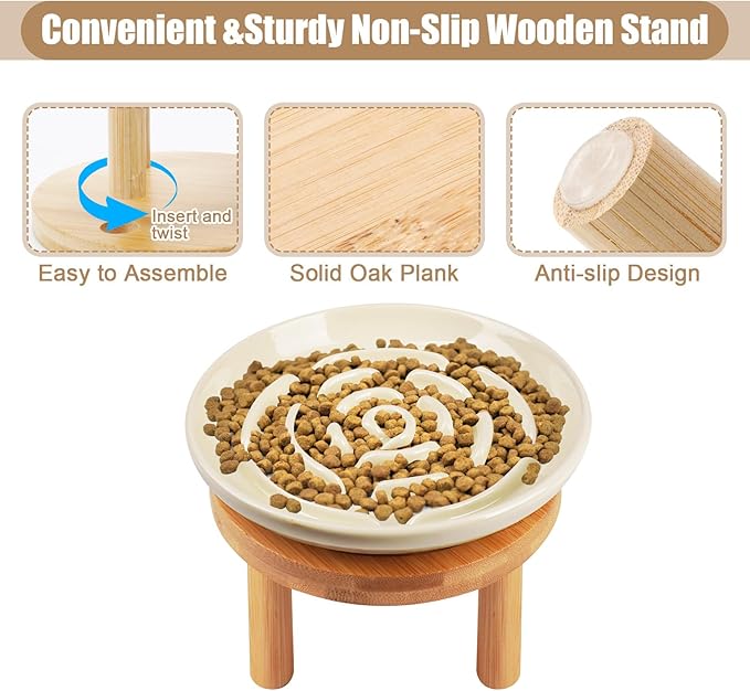 Elevated Slow Feeder Cat Bowls, Ceramic Cat Slow Feeder Bowl with Bamboo Stand, 5.9 Inch Wide Shallow Cats Bowl Whisker Friendly, Anti Vomiting Puzzle Feeder for Dry or Wet Food Dishwasher Safe