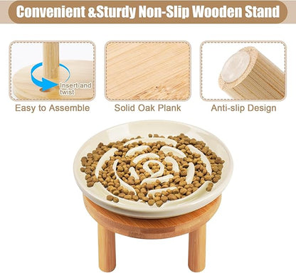 Elevated Slow Feeder Cat Bowls, Ceramic Cat Slow Feeder Bowl with Bamboo Stand, 5.9 Inch Wide Shallow Cats Bowl Whisker Friendly, Anti Vomiting Puzzle Feeder for Dry or Wet Food Dishwasher Safe
