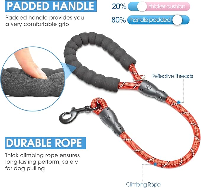 BAAPET 2/4/5/6 FT Dog Leash with Comfortable Padded Handle and Highly Reflective Threads for Small Medium and Large Dogs (2FT-1/2'', Red)