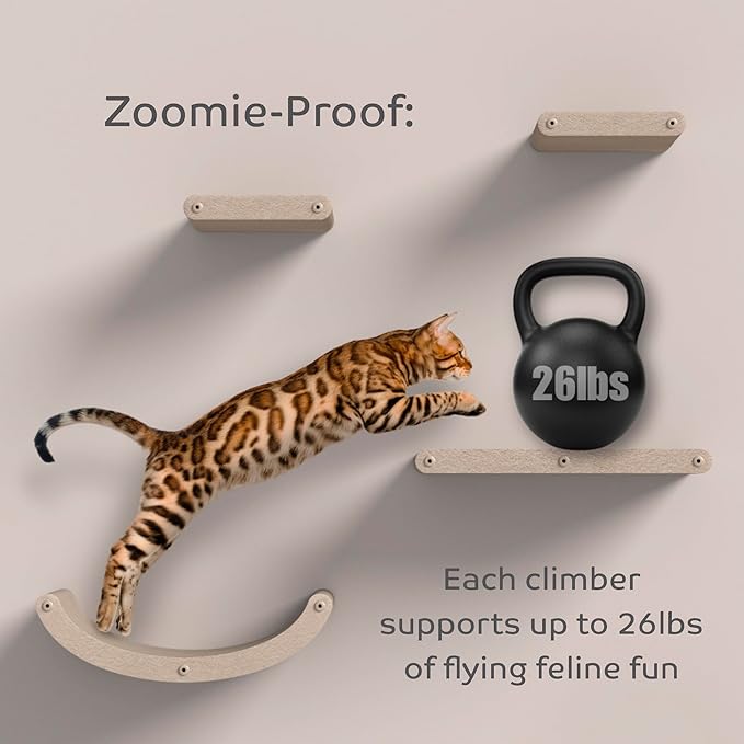 Wall Mounted Cat Perch Long Shelf by Pryde Pets - Floating Hammock Bed, 100% Sustainable PET Felt Feline Enrichment Climber Furniture for Indoor Cats, Modern Climbing Gym Jungle Design (Oatmeal)