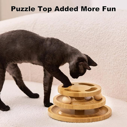 Cat Ball Track Toy with Puzzle Top, Extra Large Wooden Cat Toys for Indoor Cats with Spinning Balls, Interactive Cat Ball Tower for Kitten Exercise Mental Physical