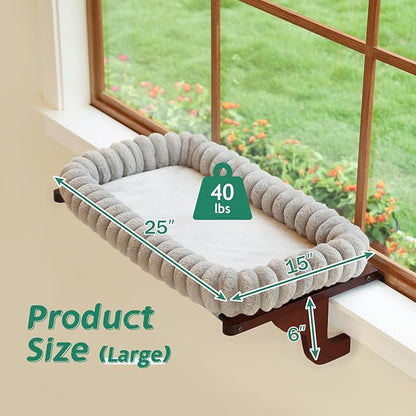 Zakkart SnugCloud Cat Window Perch with 4-Sided Bolster - Large Cat Hammock for Window Sill - Solid Hardwood & Metal Frame - Window Seat for Pets (Dark Stained Wood w/Gray Bed, Large)