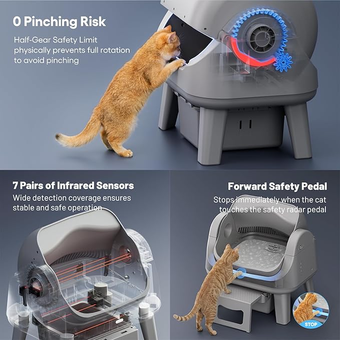 PetPivot Open Top Self Cleaning Cat Litter Box, Automatic Litter Box with 7 Pairs of Safety Sensors, Anti-Pinch Protection and Easy Access Step for Senior Cats, Dark Grey