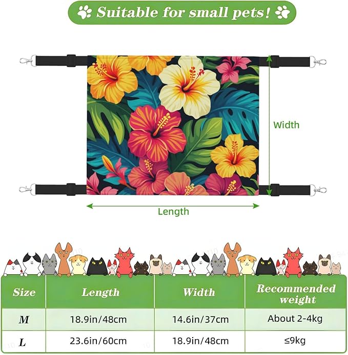 Hawaiian Colorful Flower Print Cat Hammock with Adjustable Straps, Pet Cage Hanging Bed for Cats,Ferret,Puppy,Small Animals