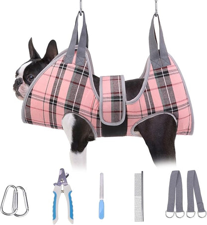BEAUTYZOO Dog Grooming Hammock for Small Dogs Cat- Dog Sling for Nail Trimming/Clipping- Dog Hanging Harness Holder with Thick Fabric Neck Support & Strap Restraint Claw Care, Pink M
